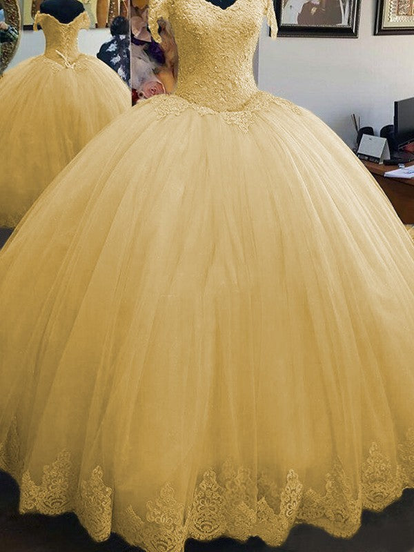 Ball Gown Sleeveless Off-the-Shoulder Floor-Length Lace Tulle Prom Dress