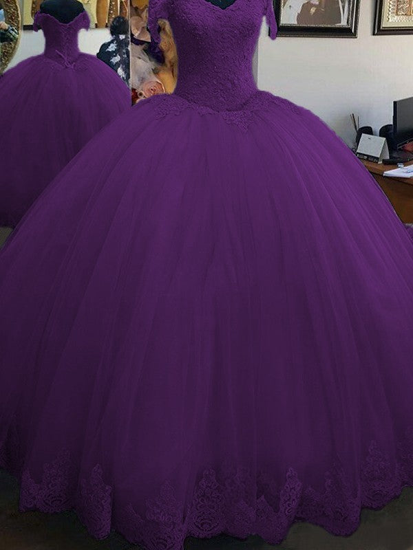 Ball Gown Sleeveless Off-the-Shoulder Floor-Length Lace Tulle Prom Dress