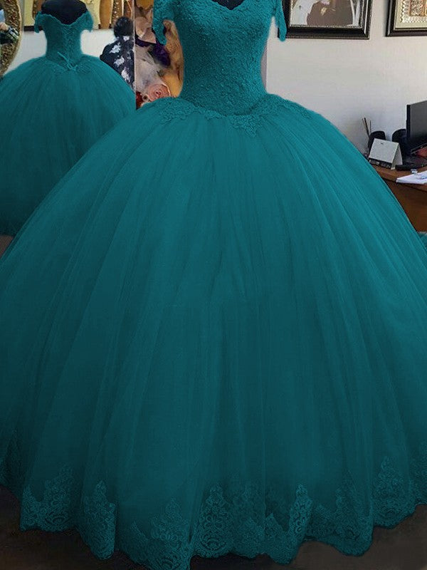 Ball Gown Sleeveless Off-the-Shoulder Floor-Length Lace Tulle Prom Dress