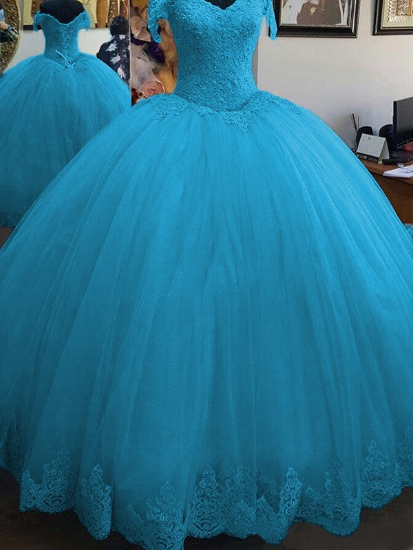 Ball Gown Sleeveless Off-the-Shoulder Floor-Length Lace Tulle Prom Dress