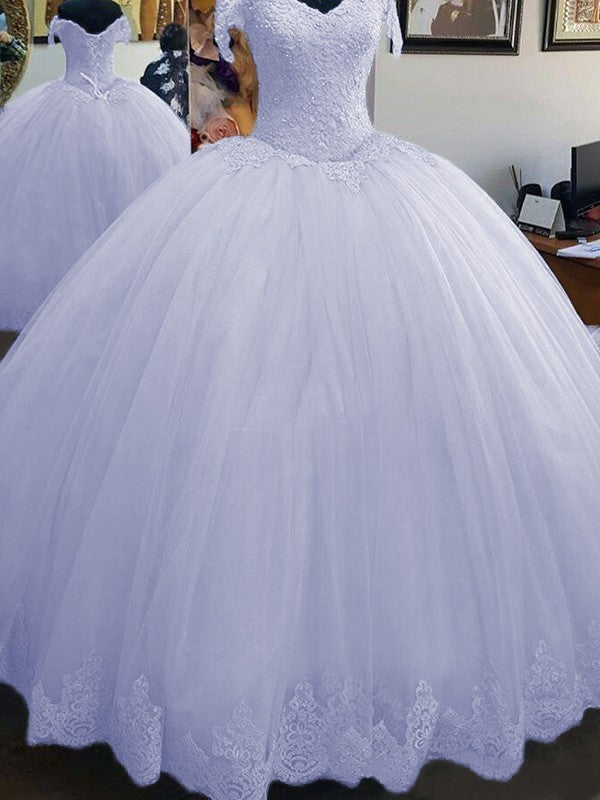 Ball Gown Sleeveless Off-the-Shoulder Floor-Length Lace Tulle Prom Dress