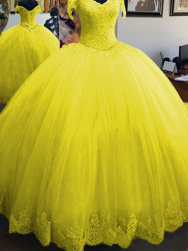 Ball Gown Sleeveless Off-the-Shoulder Floor-Length Lace Tulle Prom Dress