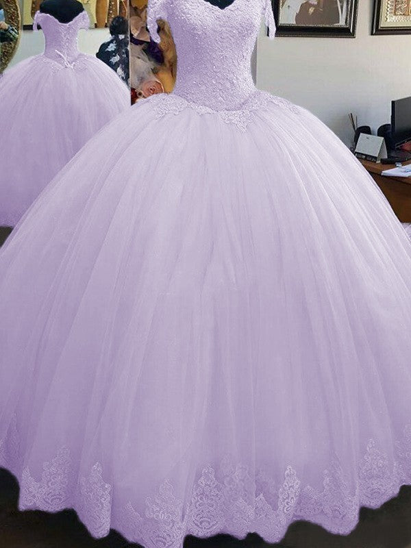 Ball Gown Sleeveless Off-the-Shoulder Floor-Length Lace Tulle Prom Dress