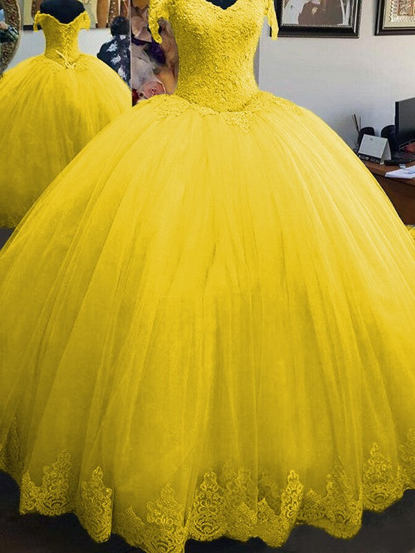 Ball Gown Sleeveless Off-the-Shoulder Floor-Length Lace Tulle Prom Dress