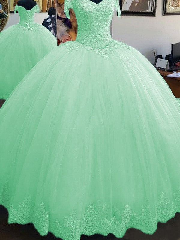 Ball Gown Sleeveless Off-the-Shoulder Floor-Length Lace Tulle Prom Dress