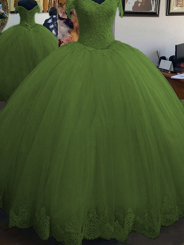 Ball Gown Sleeveless Off-the-Shoulder Floor-Length Lace Tulle Prom Dress