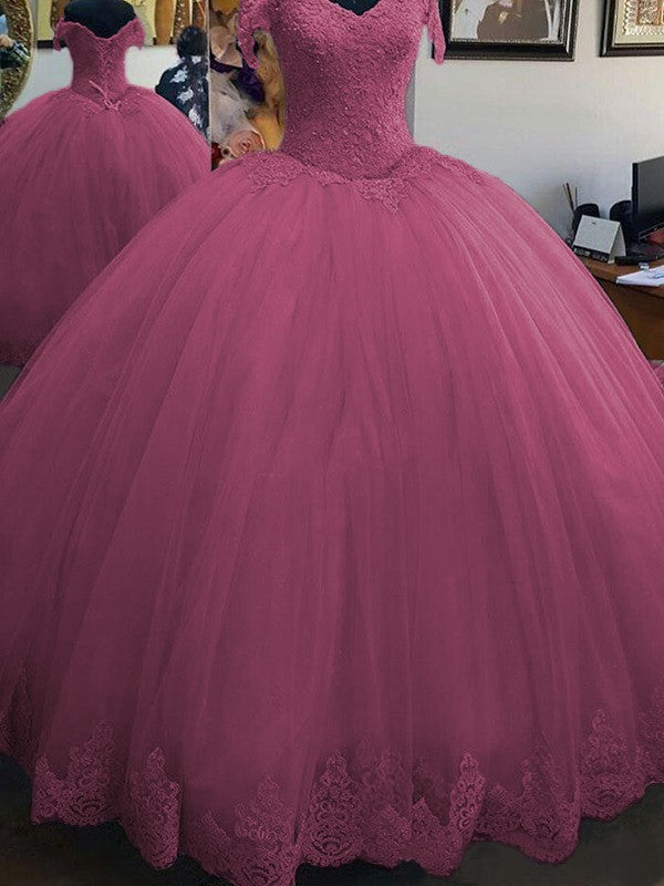Ball Gown Sleeveless Off-the-Shoulder Floor-Length Lace Tulle Prom Dress