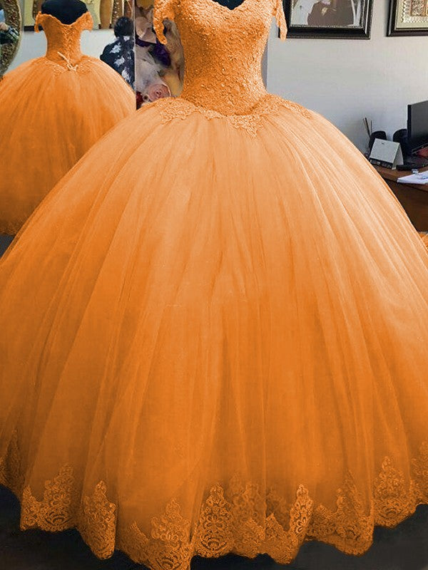 Ball Gown Sleeveless Off-the-Shoulder Floor-Length Lace Tulle Prom Dress