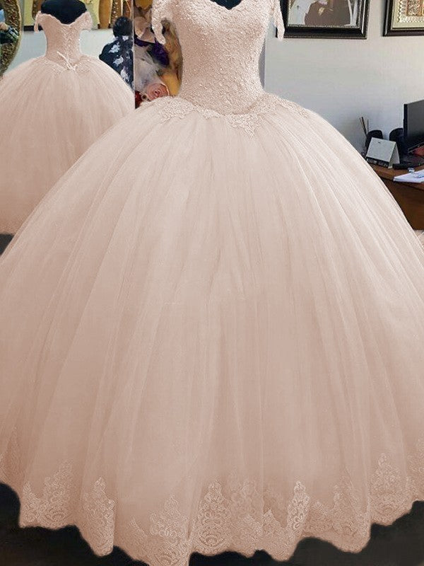 Ball Gown Sleeveless Off-the-Shoulder Floor-Length Lace Tulle Prom Dress