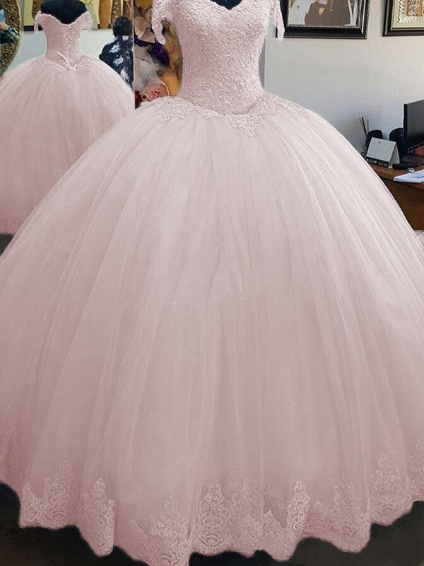 Ball Gown Sleeveless Off-the-Shoulder Floor-Length Lace Tulle Prom Dress
