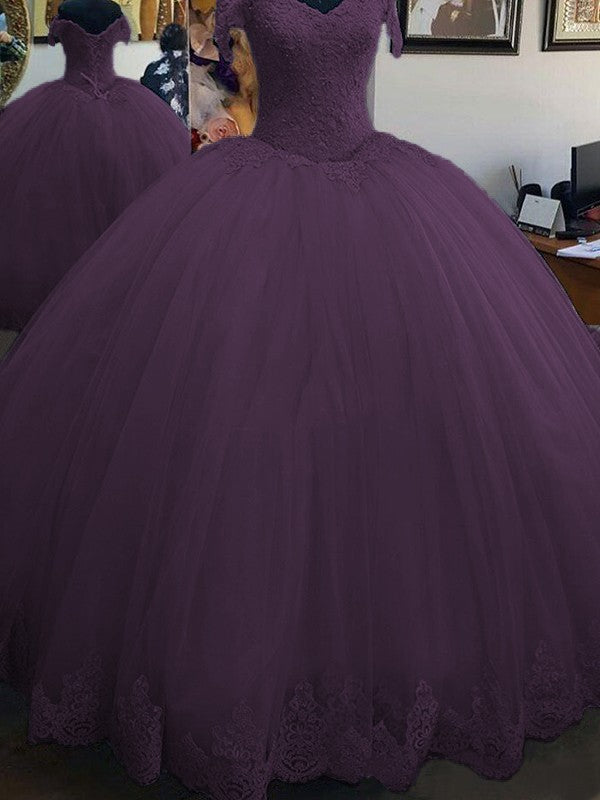 Ball Gown Sleeveless Off-the-Shoulder Floor-Length Lace Tulle Prom Dress