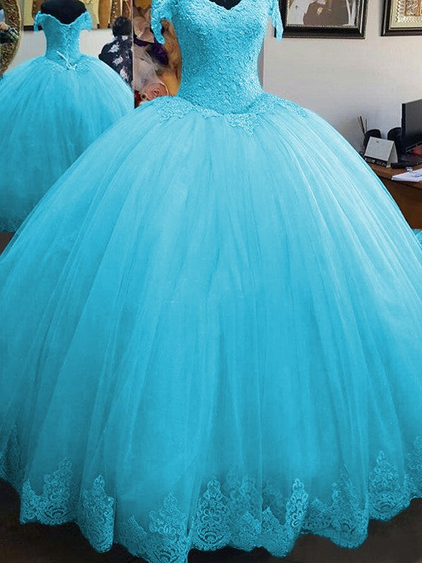Ball Gown Sleeveless Off-the-Shoulder Floor-Length Lace Tulle Prom Dress