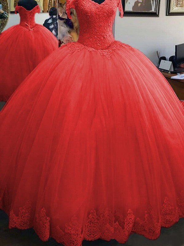 Ball Gown Sleeveless Off-the-Shoulder Floor-Length Lace Tulle Prom Dress