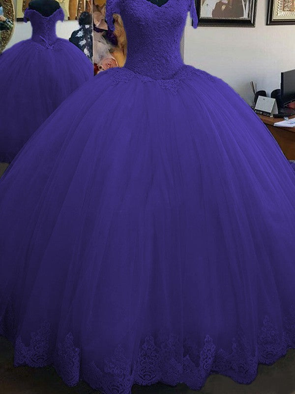 Ball Gown Sleeveless Off-the-Shoulder Floor-Length Lace Tulle Prom Dress