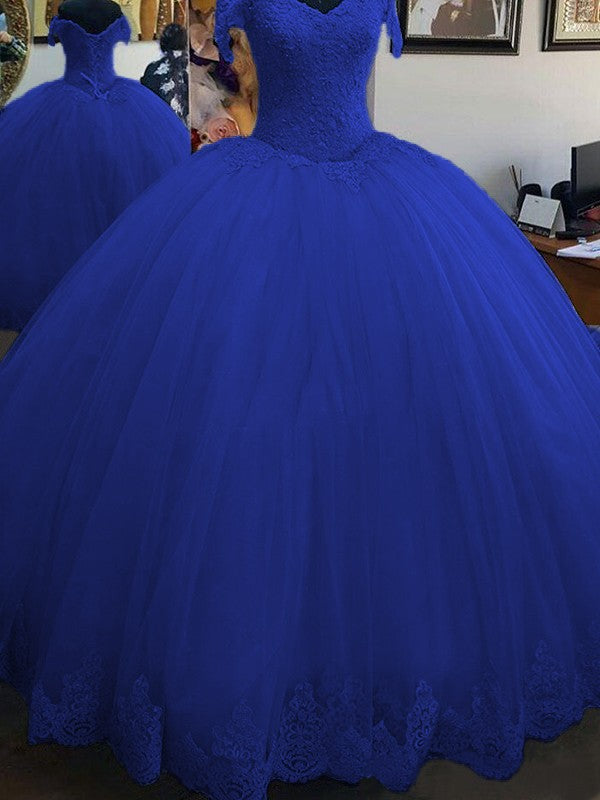 Ball Gown Sleeveless Off-the-Shoulder Floor-Length Lace Tulle Prom Dress