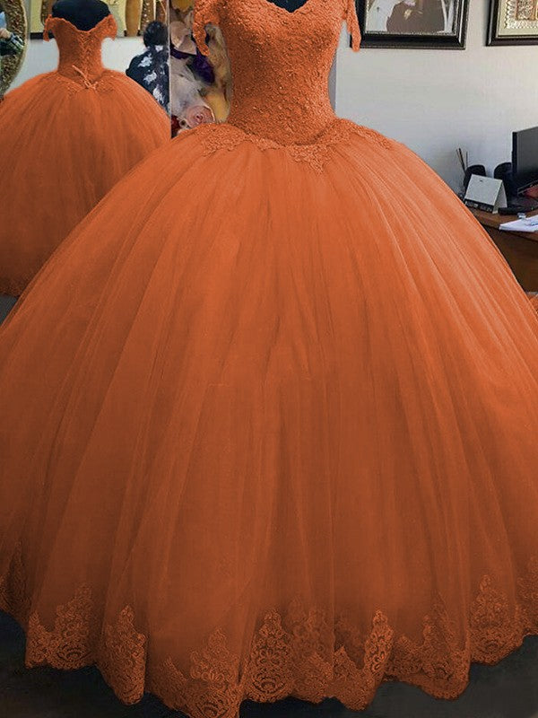 Ball Gown Sleeveless Off-the-Shoulder Floor-Length Lace Tulle Prom Dress