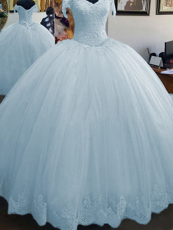 Ball Gown Sleeveless Off-the-Shoulder Floor-Length Lace Tulle Prom Dress