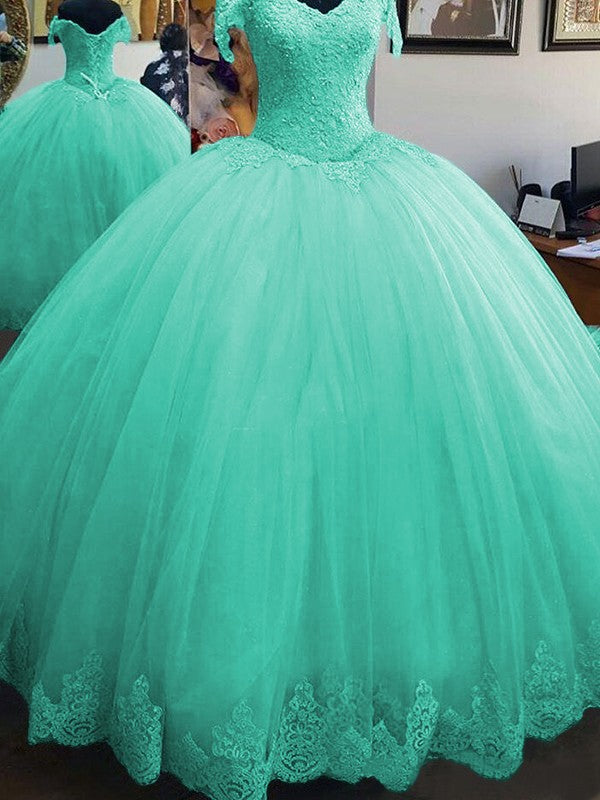 Ball Gown Sleeveless Off-the-Shoulder Floor-Length Lace Tulle Prom Dress