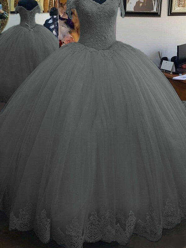 Ball Gown Sleeveless Off-the-Shoulder Floor-Length Lace Tulle Prom Dress