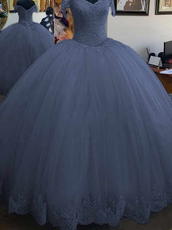 Ball Gown Sleeveless Off-the-Shoulder Floor-Length Lace Tulle Prom Dress