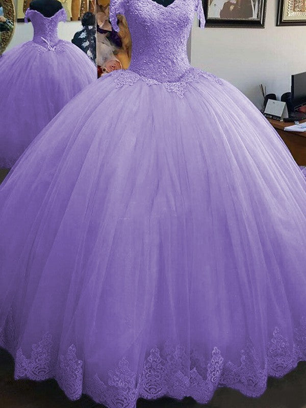 Ball Gown Sleeveless Off-the-Shoulder Floor-Length Lace Tulle Prom Dress