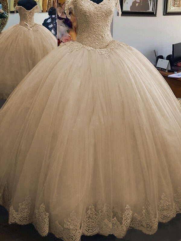 Ball Gown Sleeveless Off-the-Shoulder Floor-Length Lace Tulle Prom Dress