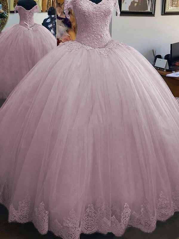 Ball Gown Sleeveless Off-the-Shoulder Floor-Length Lace Tulle Prom Dress