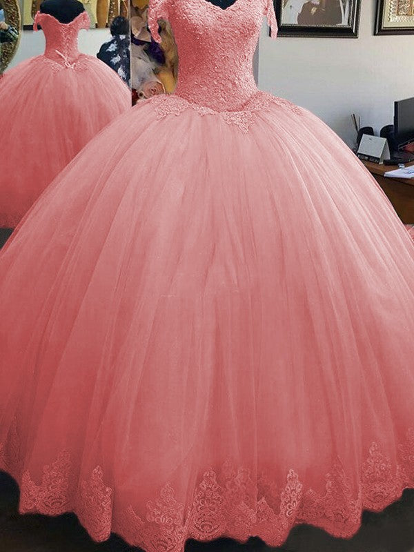 Ball Gown Sleeveless Off-the-Shoulder Floor-Length Lace Tulle Prom Dress
