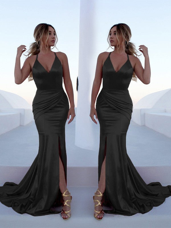 Mermaid Sleeveless Halter Sweep/Brush Train With Ruffles Silk like Satin Prom Dress