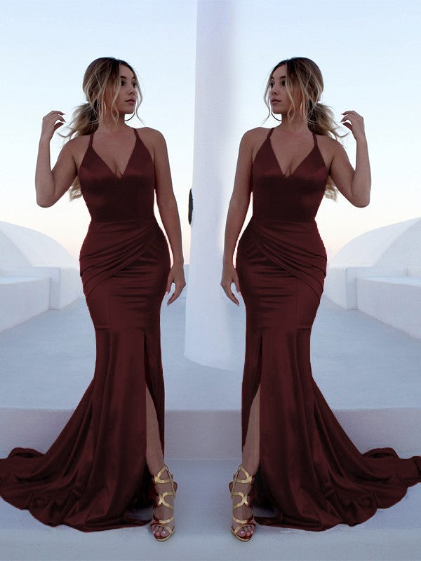 Mermaid Sleeveless Halter Sweep/Brush Train With Ruffles Silk like Satin Prom Dress