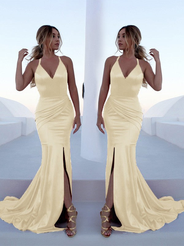 Mermaid Sleeveless Halter Sweep/Brush Train With Ruffles Silk like Satin Prom Dress