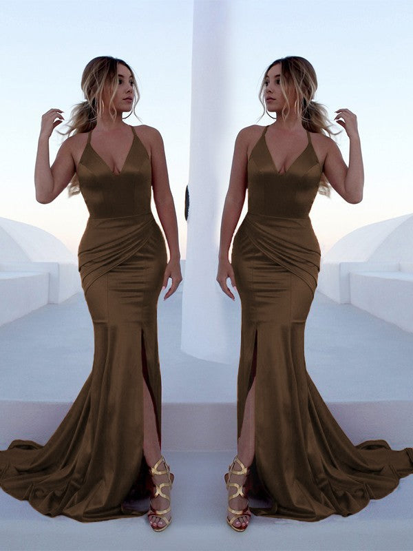 Mermaid Sleeveless Halter Sweep/Brush Train With Ruffles Silk like Satin Prom Dress