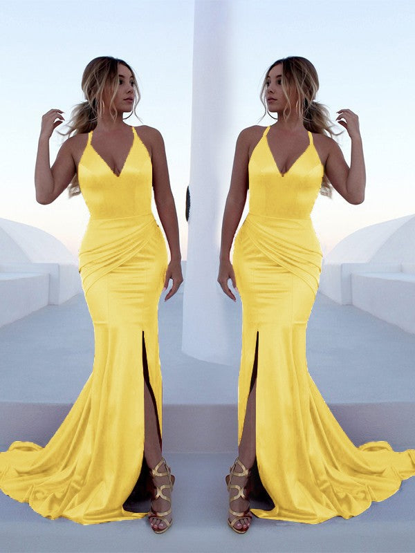 Mermaid Sleeveless Halter Sweep/Brush Train With Ruffles Silk like Satin Prom Dress