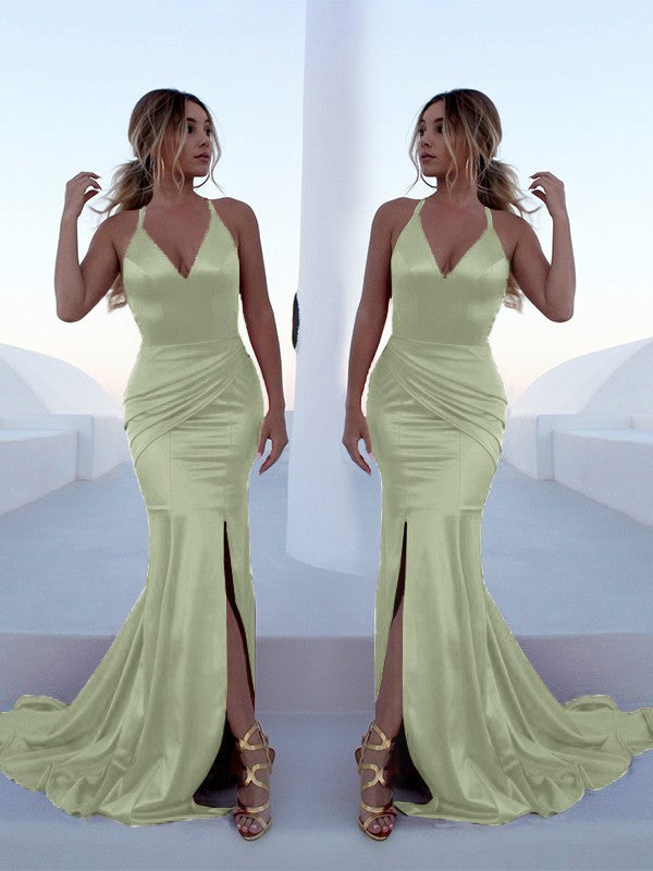 Mermaid Sleeveless Halter Sweep/Brush Train With Ruffles Silk like Satin Prom Dress