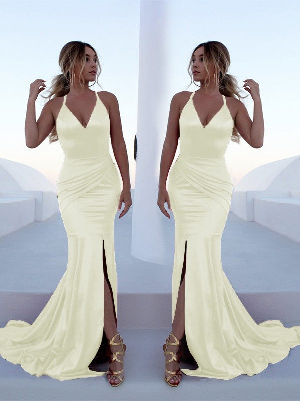 Mermaid Sleeveless Halter Sweep/Brush Train With Ruffles Silk like Satin Prom Dress