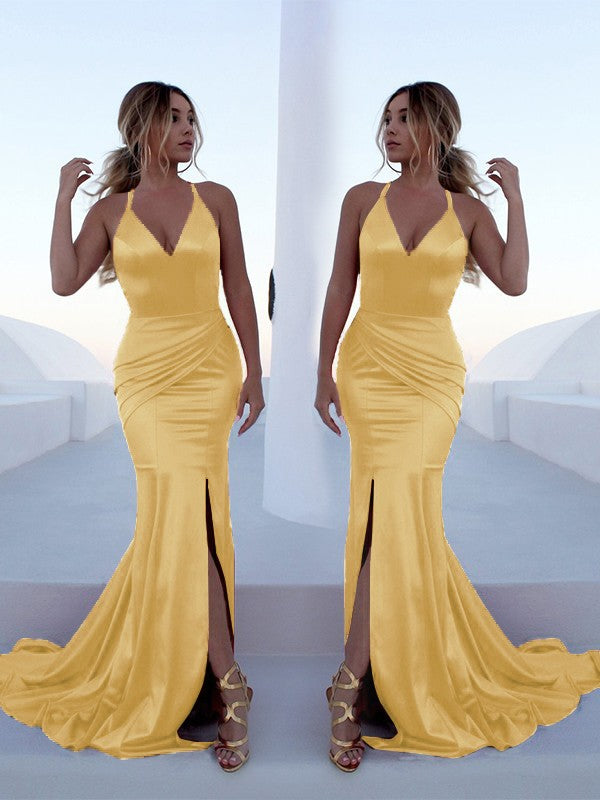 Mermaid Sleeveless Halter Sweep/Brush Train With Ruffles Silk like Satin Prom Dress