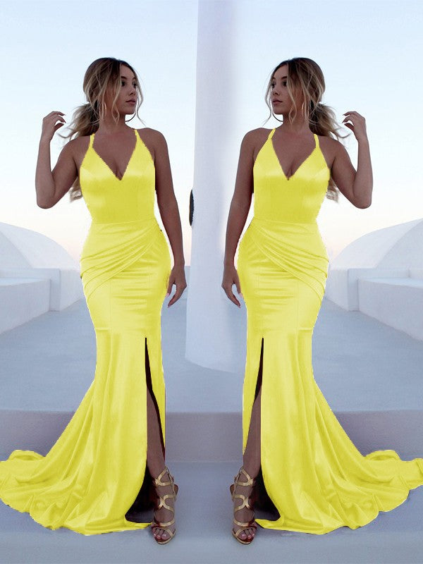 Mermaid Sleeveless Halter Sweep/Brush Train With Ruffles Silk like Satin Prom Dress