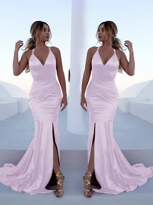 Mermaid Sleeveless Halter Sweep/Brush Train With Ruffles Silk like Satin Prom Dress