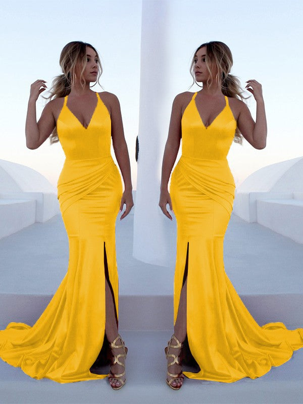 Mermaid Sleeveless Halter Sweep/Brush Train With Ruffles Silk like Satin Prom Dress
