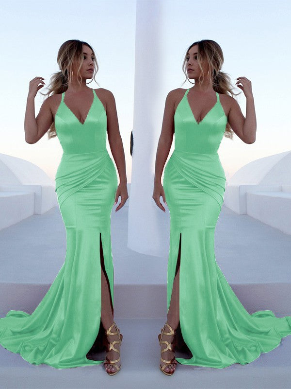 Mermaid Sleeveless Halter Sweep/Brush Train With Ruffles Silk like Satin Prom Dress