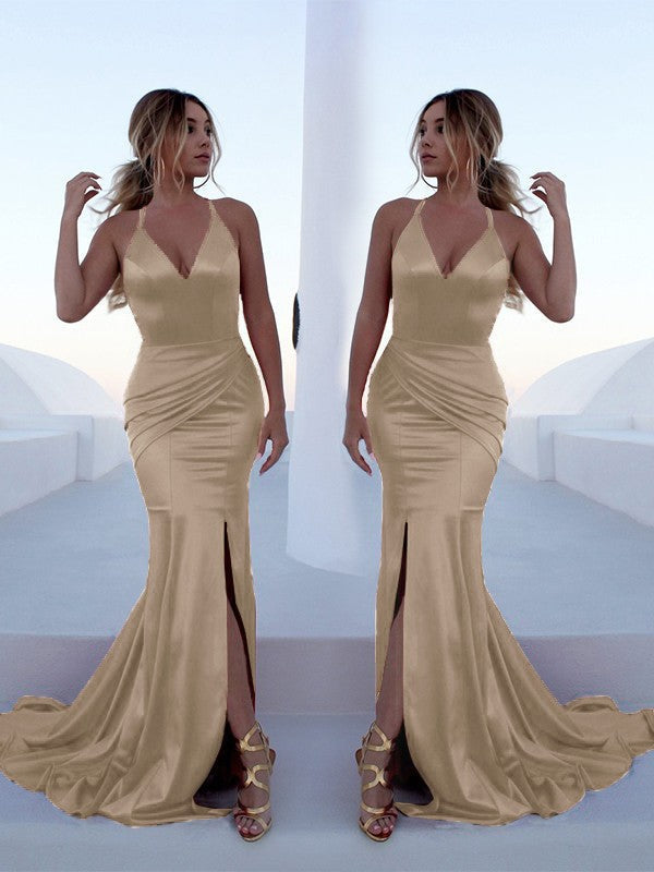 Mermaid Sleeveless Halter Sweep/Brush Train With Ruffles Silk like Satin Prom Dress