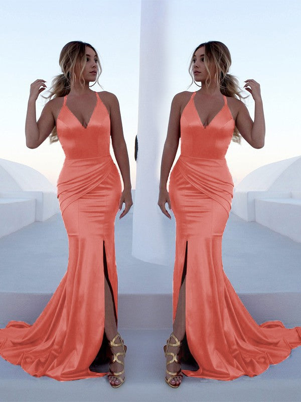 Mermaid Sleeveless Halter Sweep/Brush Train With Ruffles Silk like Satin Prom Dress