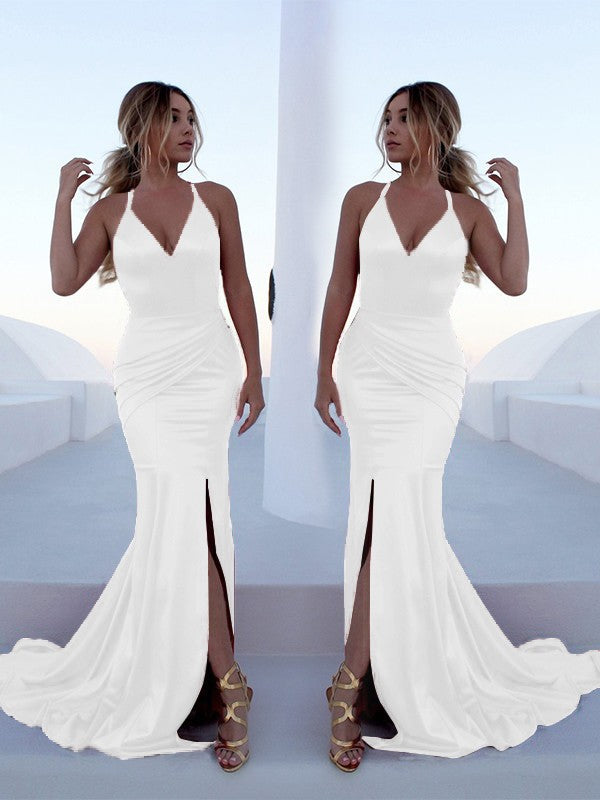 Mermaid Sleeveless Halter Sweep/Brush Train With Ruffles Silk like Satin Prom Dress