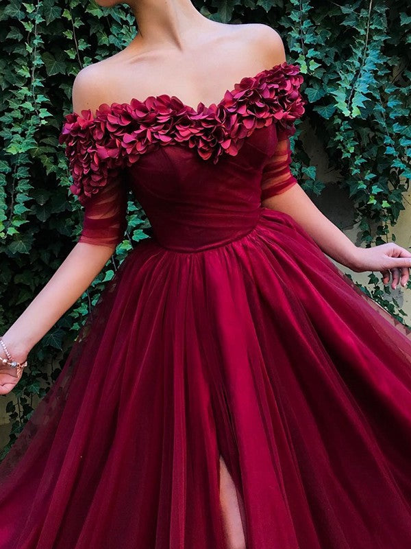 A-Line 1/2 Sleeves Off-the-Shoulder Sweep/Brush Train With Ruffles Tulle Prom Dress
