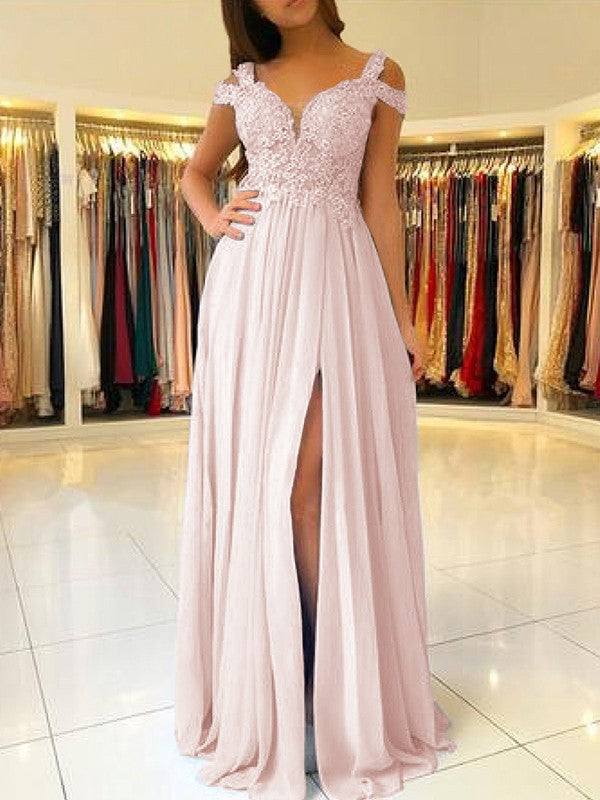 A-Line Sleeveless Off-the-Shoulder Floor-Length With Applique Chiffon Bridesmaid Dresses