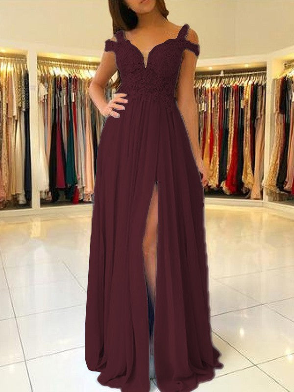 A-Line Sleeveless Off-the-Shoulder Floor-Length With Applique Chiffon Bridesmaid Dresses