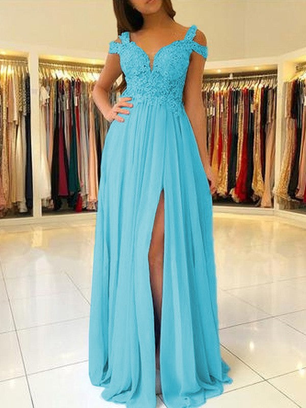 A-Line Sleeveless Off-the-Shoulder Floor-Length With Applique Chiffon Bridesmaid Dresses