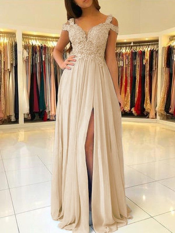 A-Line Sleeveless Off-the-Shoulder Floor-Length With Applique Chiffon Bridesmaid Dresses