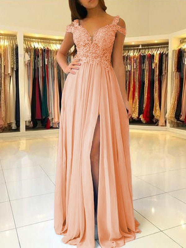 A-Line Sleeveless Off-the-Shoulder Floor-Length With Applique Chiffon Bridesmaid Dresses