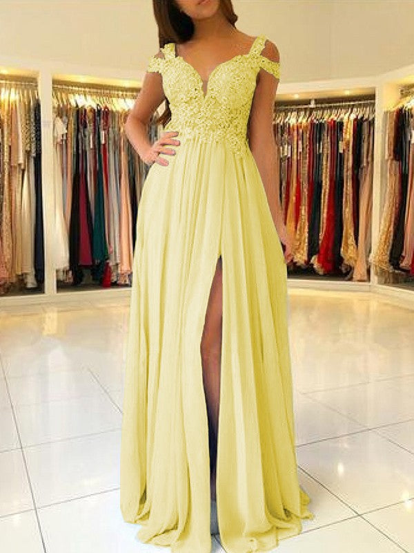 A-Line Sleeveless Off-the-Shoulder Floor-Length With Applique Chiffon Bridesmaid Dresses